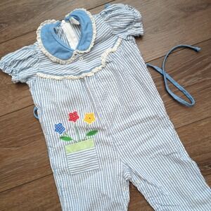 Vtg 80s By Thomas Seeksucker Romper Blue White Flowers Floral Eyelet Lace 24M